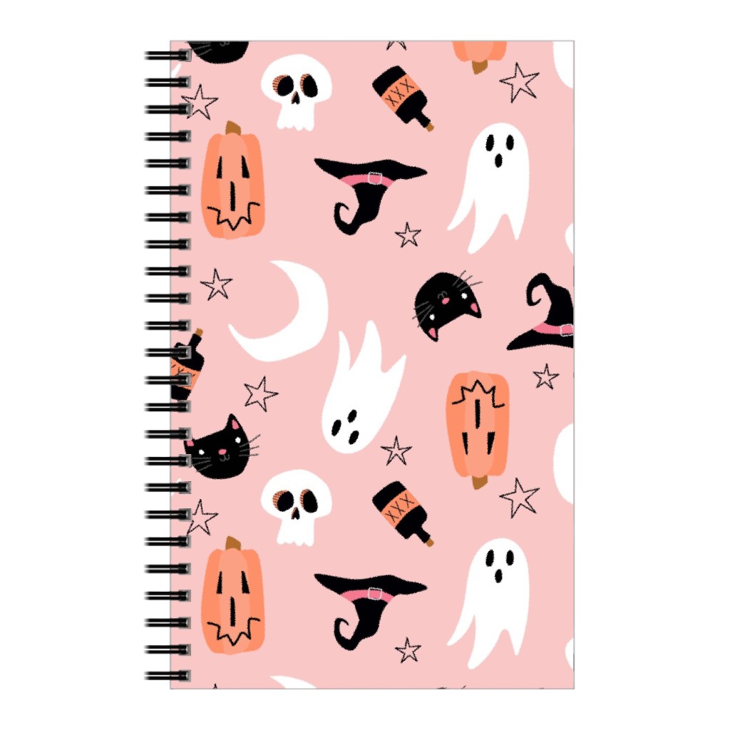 Sweet Halloween Pumpkin, Witch, Ghost, Cat Notebook, 5x8, Pink