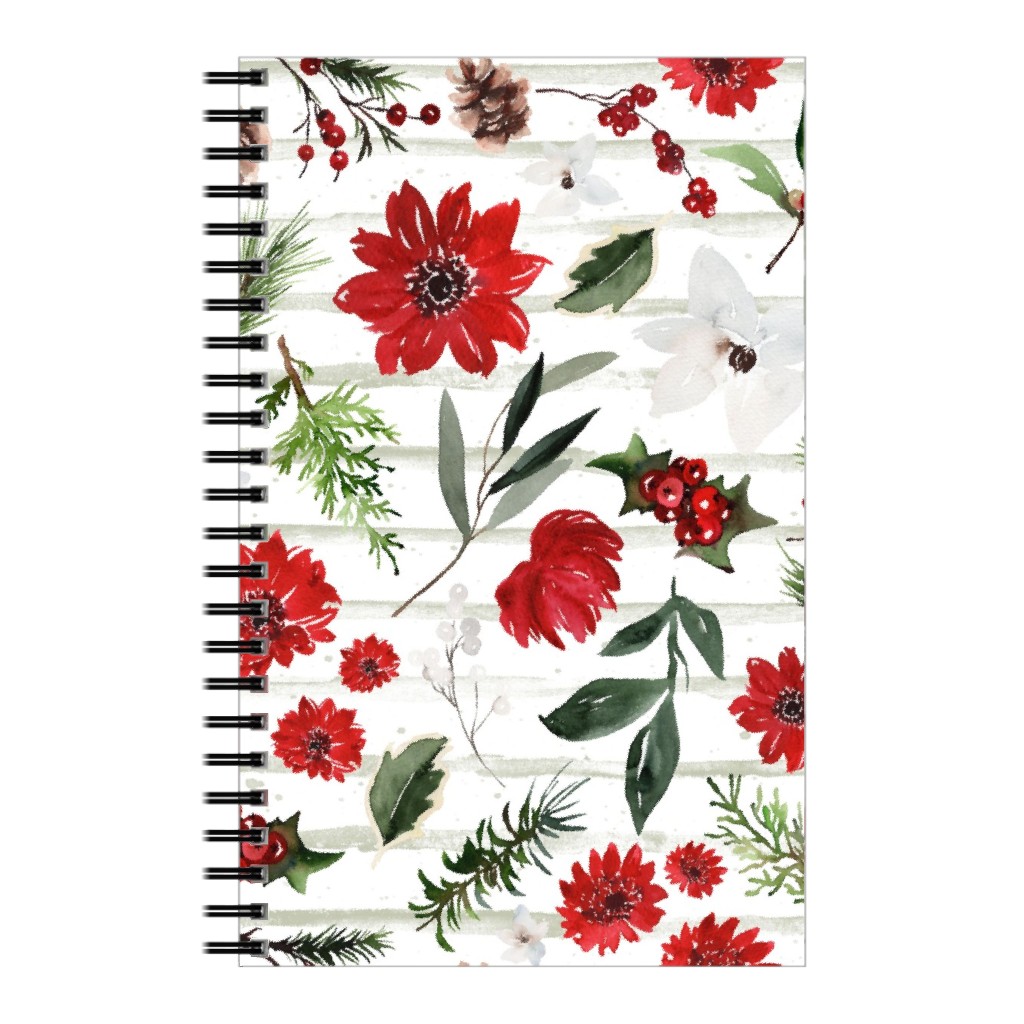 Jolly Christmas Florals - Mint Sage Stripes Notebook, 5x8, Multicolor