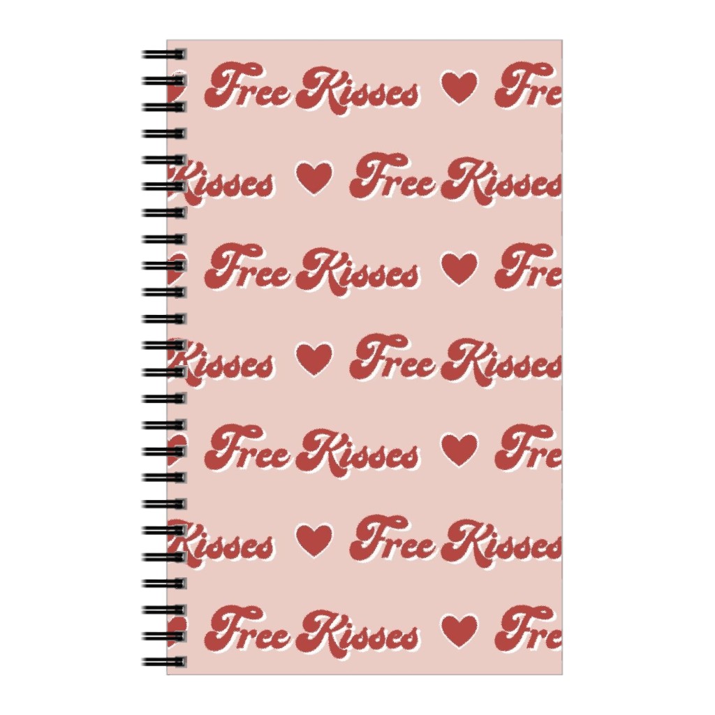 Free Kisses - Retro Hearts - Red on Pink Notebook, 5x8, Pink, Bright Pink