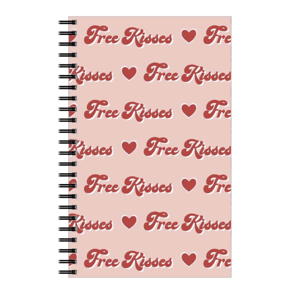 Free Kisses - Retro Hearts - Red on Pink Notebook, 5x8, Pink