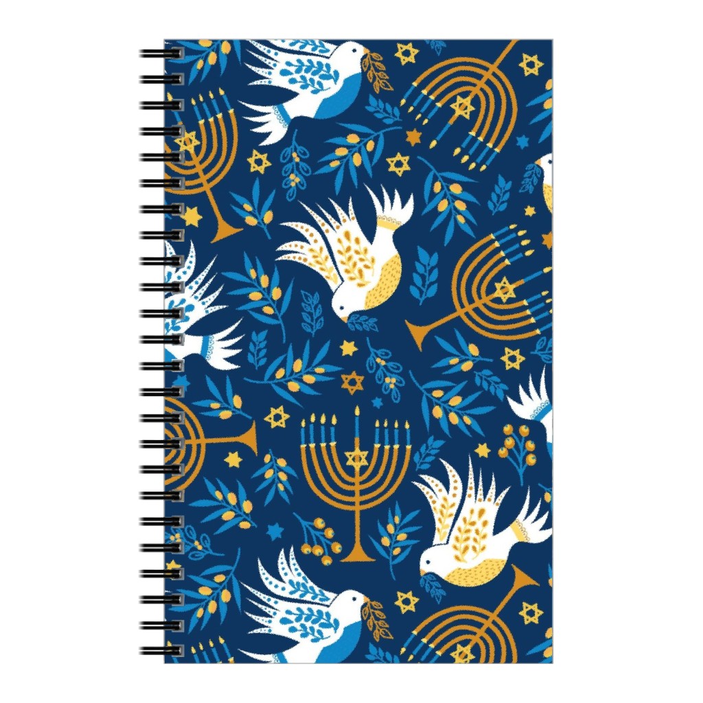 Hanukkah Birds and Menorahs - Dark Blue Notebook, 5x8, Blue, True Blue