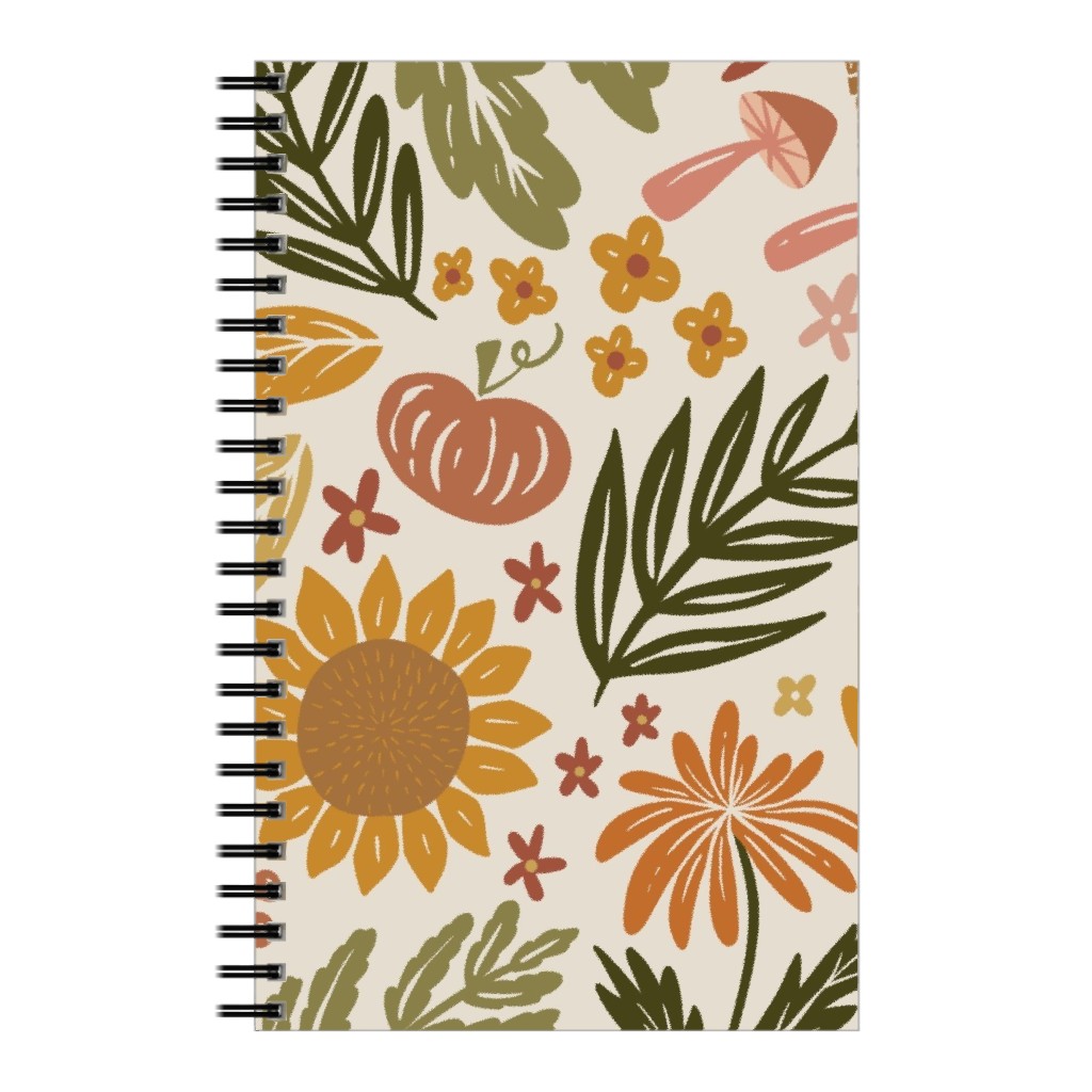 Autumn Botanicals - Leaves, Acorns, Sunflowers, Ferns, Mums, Pinecones, Mushrooms - Light Notebook, 5x8, Multicolor