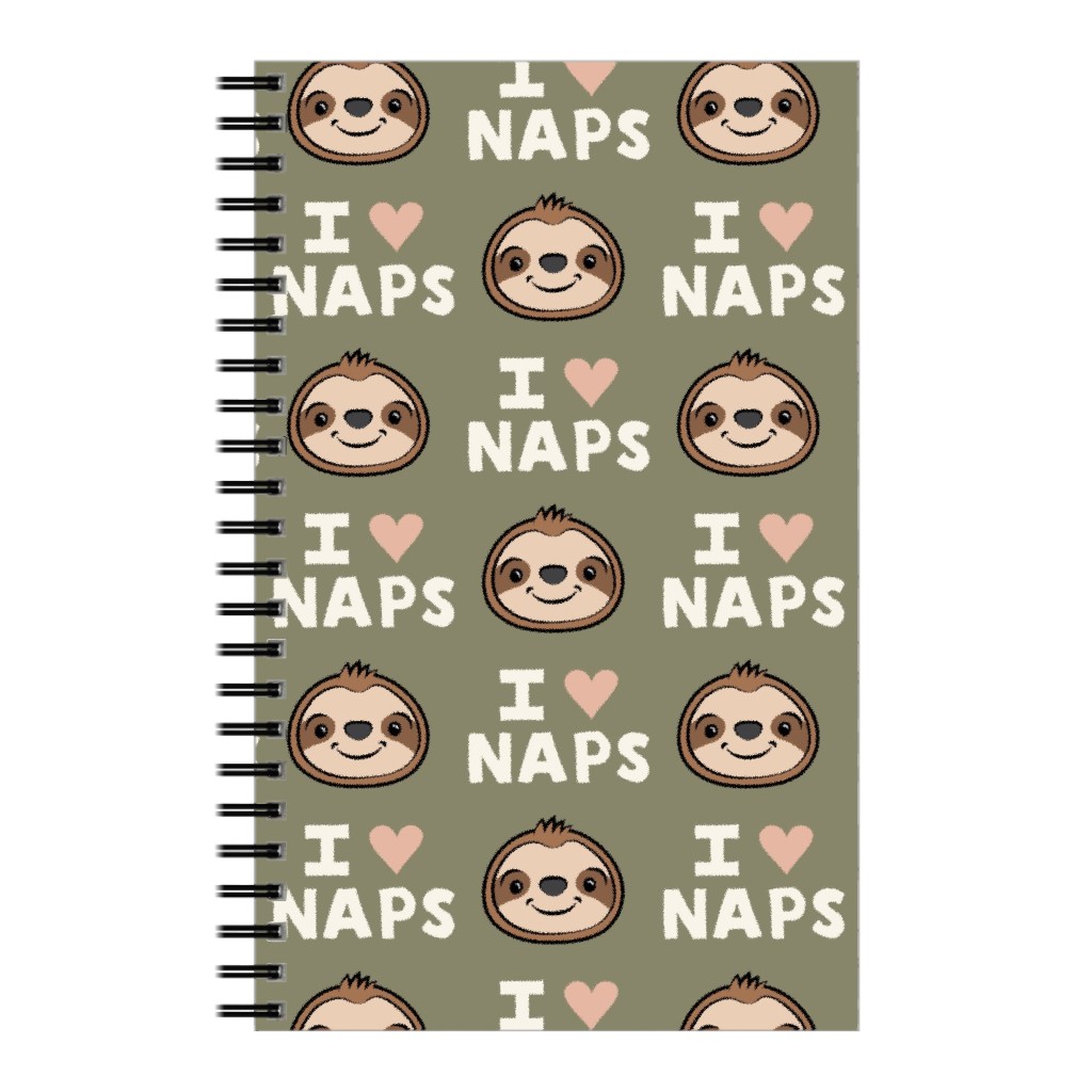 I Heart Naps - Cute Sloths - Olive Green Notebook, 5x8, Green