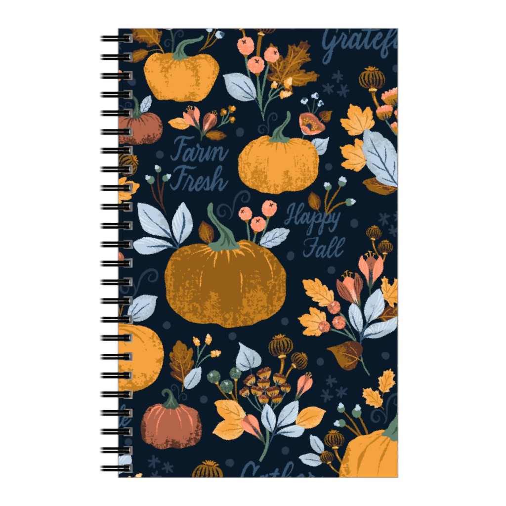 Smaller Scale Elegant Navy Fall Floral - Harvest Gratitude + Cozy Petal Solids Notebook, 5x8, Orange