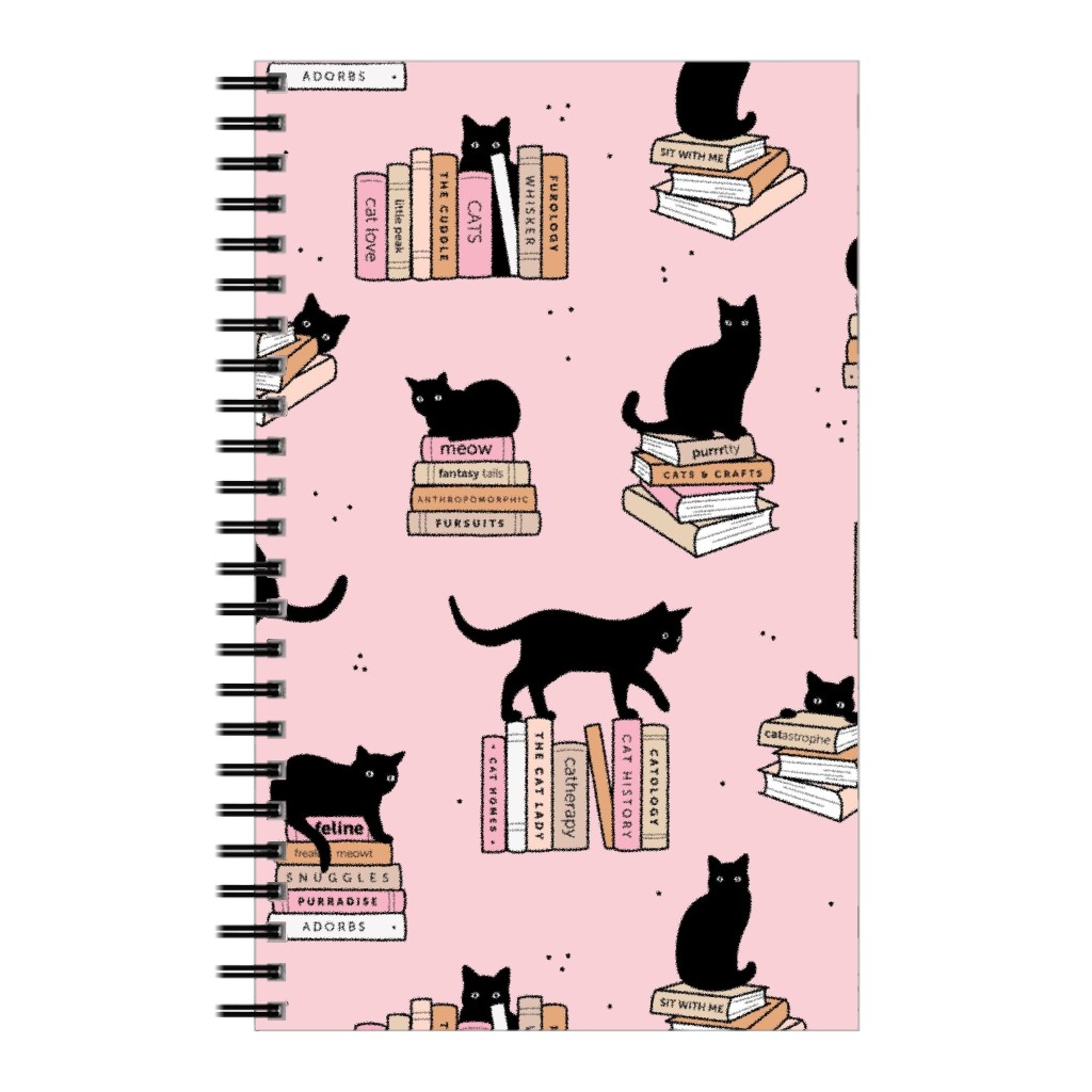 Cats and Books Notebook, 5x8, Pink, Delicate Rose