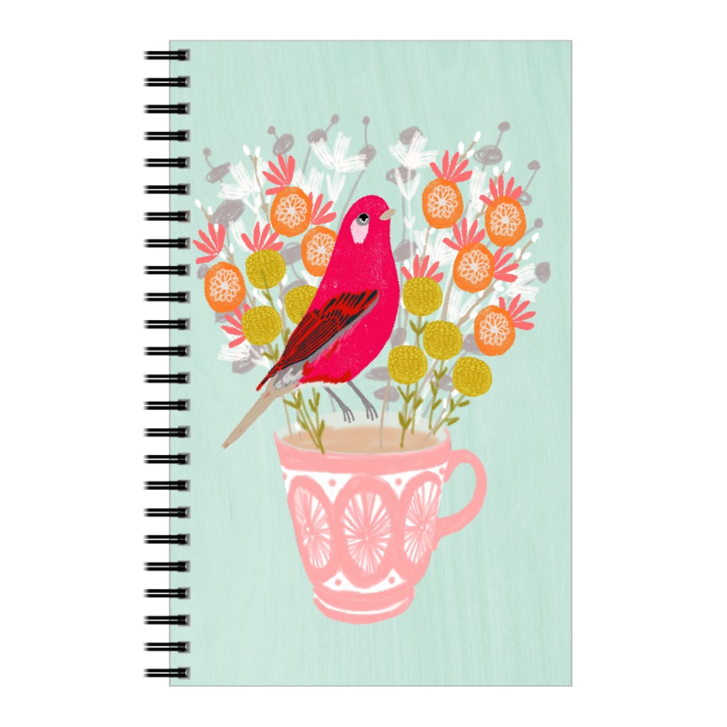 Red Bird on Teacup Bouquet Notebook, 5x8, Multicolor