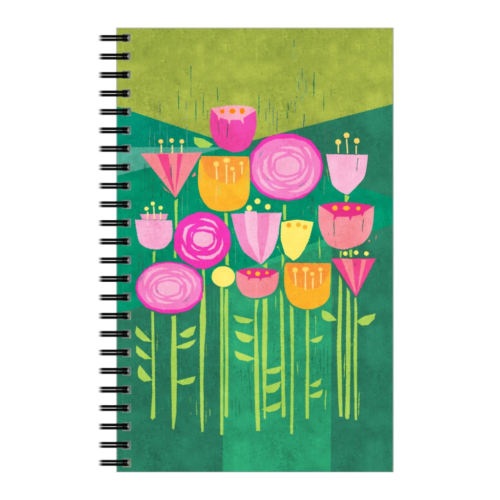 Blocky Blooms Pinks on Green Notebook, 5x8, Multicolor