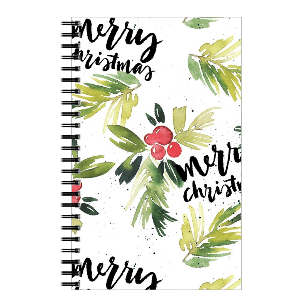 Merry Christmas Red Berry Holly Notebook, 5x8, White, White