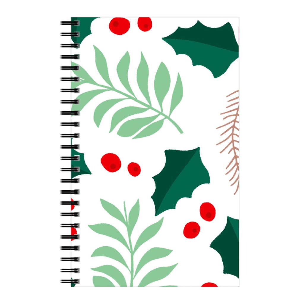 Botanical Christmas Garden Pine Leaves Holly Branch Berries - Green and Red Notebook, 5x8, Green