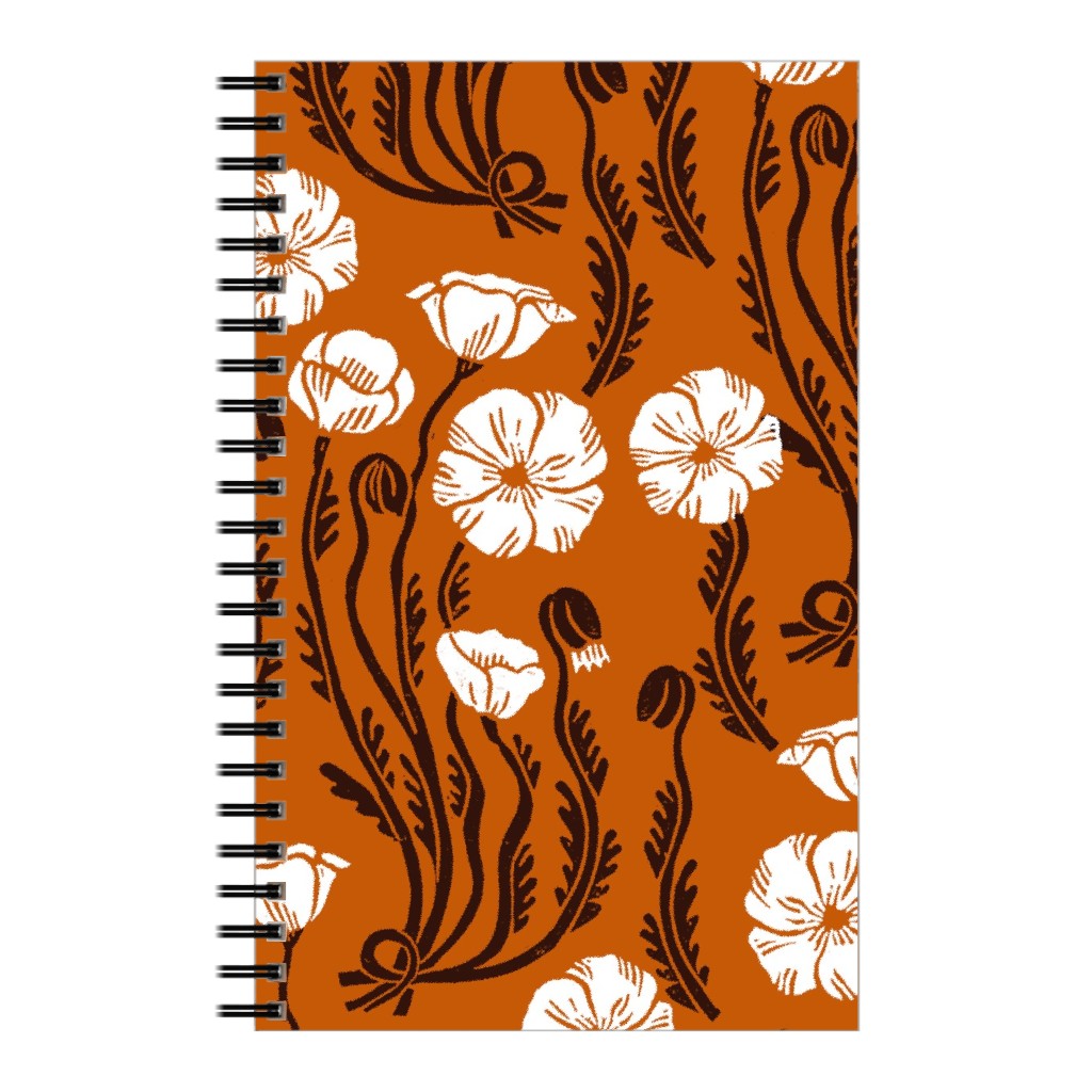 Poppy, Fall Harvest Block Printed Vintage Florals Notebook, 5x8, Orange, Orange