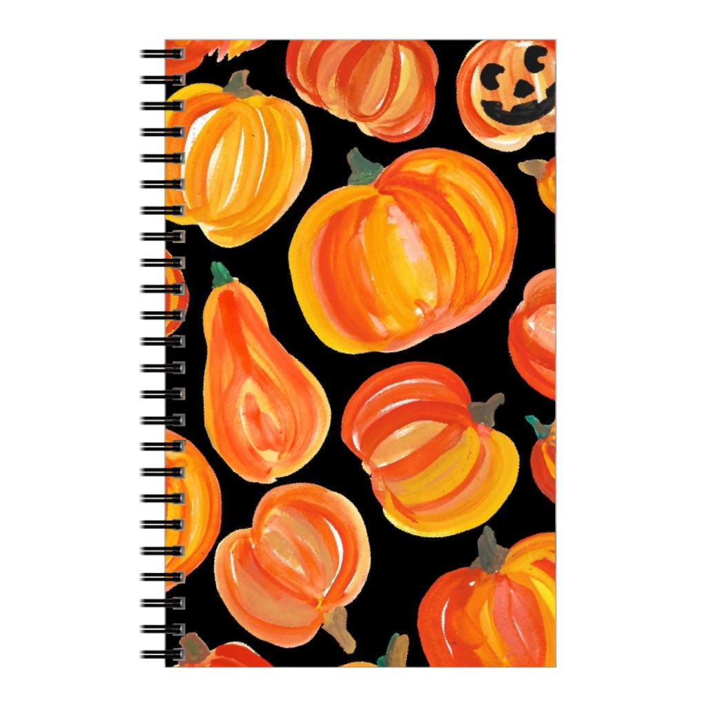 Watercolor Pumpkins - Black Notebook, 5x8, Orange, Orange