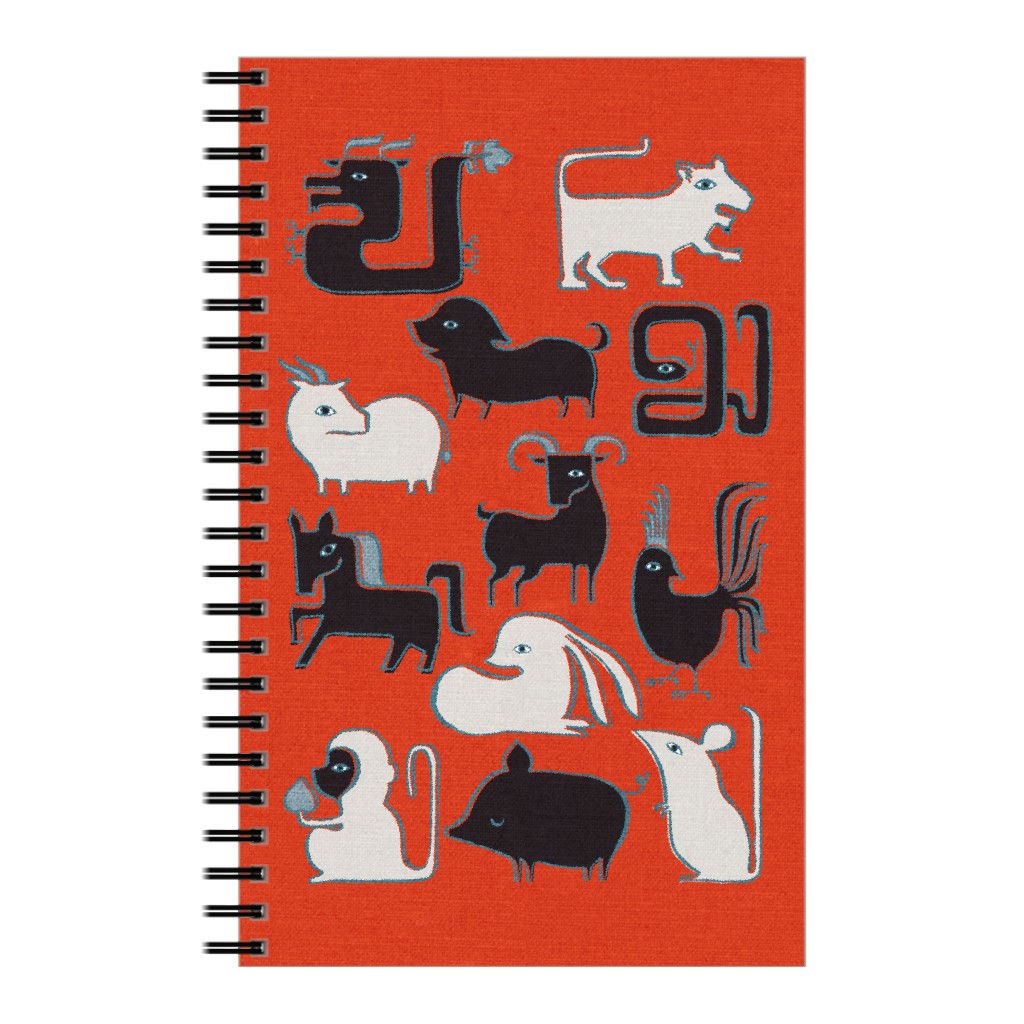 Chinese Zodiac Animals on Red Notebook, 5x8, Red