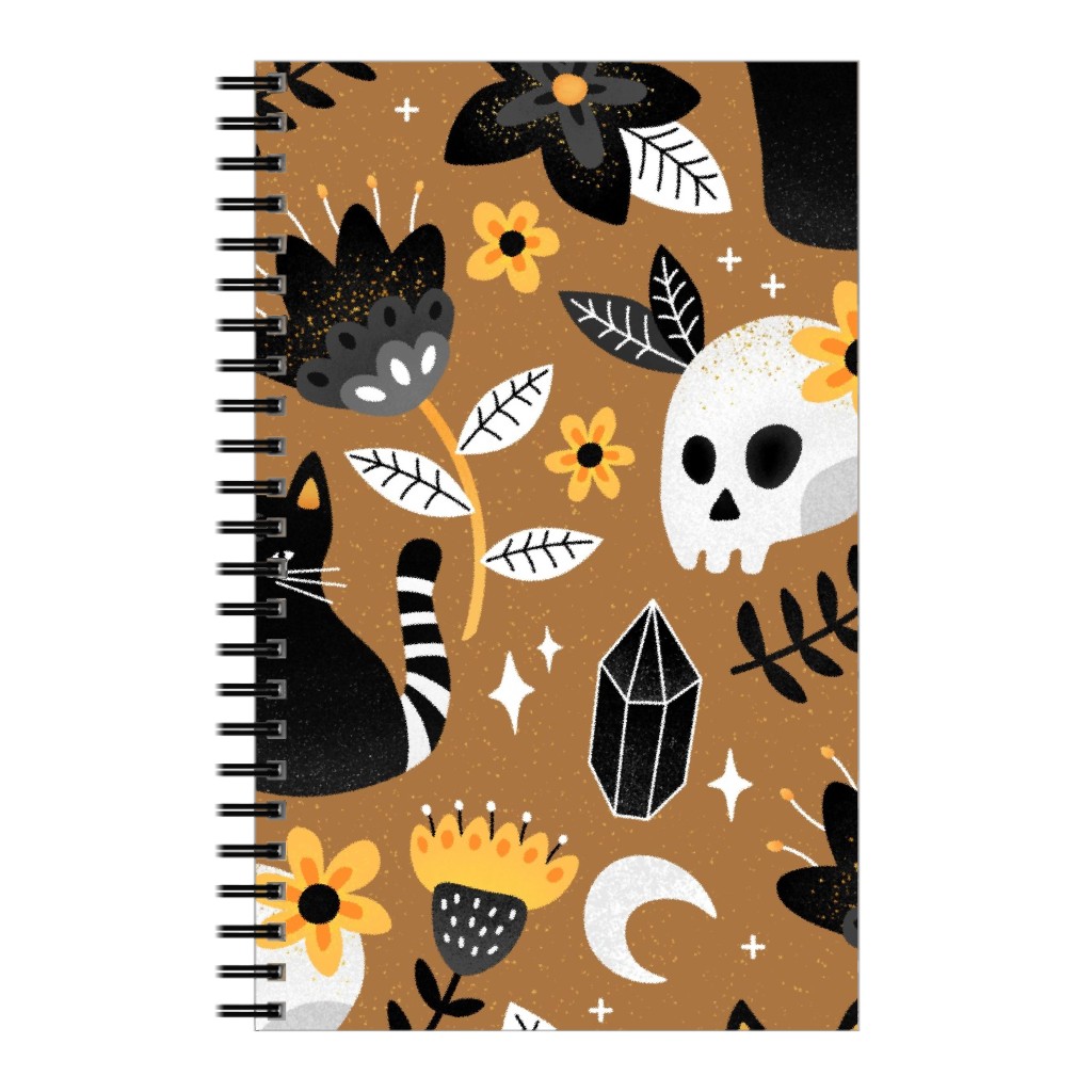 Black Cat & Floral Skull Notebook, 5x8, Brown