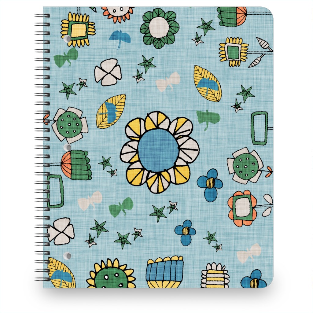 Abstract Hand Drawn Flowers Notebook, 8.5x11, Blue, Desert Green