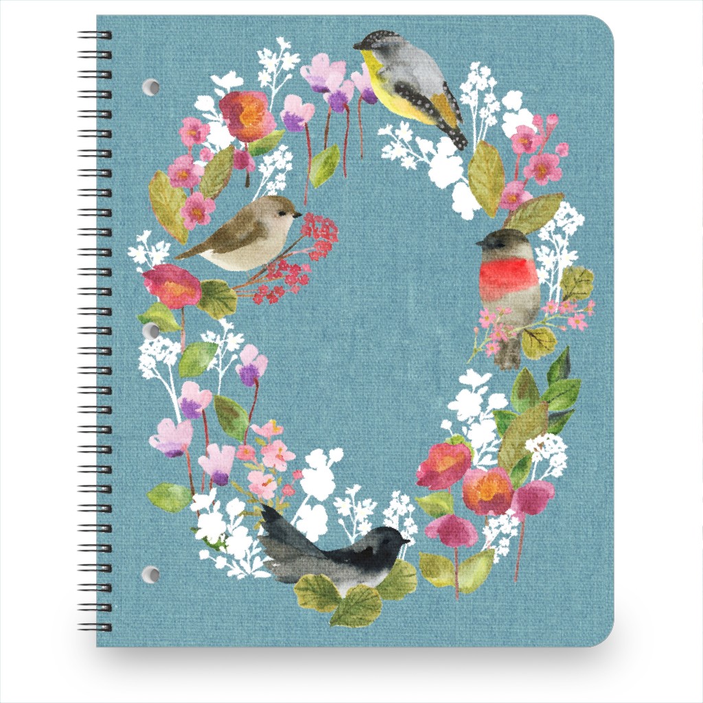 Winter Birds in the Garden Wreath - Blue Notebook, 8.5x11, Blue