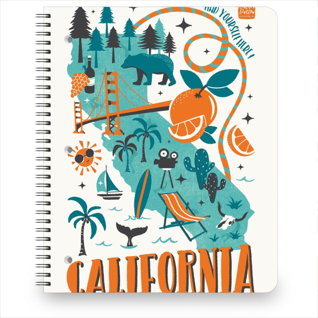 California Map Tea Towel - Retro Illustrated Travel Map Notebook, 8.5x11, Multicolor