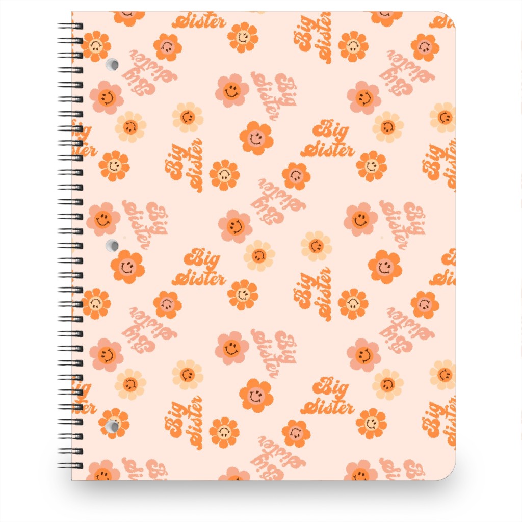 Big Sister Boho - Retro Smiley Floral Design - Muted Notebook, 8.5x11, Pink
