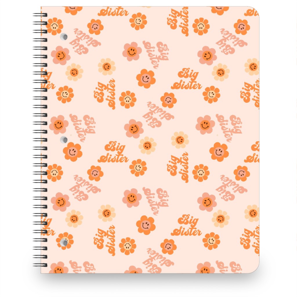 Big Sister Boho - Retro Smiley Floral Design - Muted Notebook, 8.5x11, Pink, Bright Pink