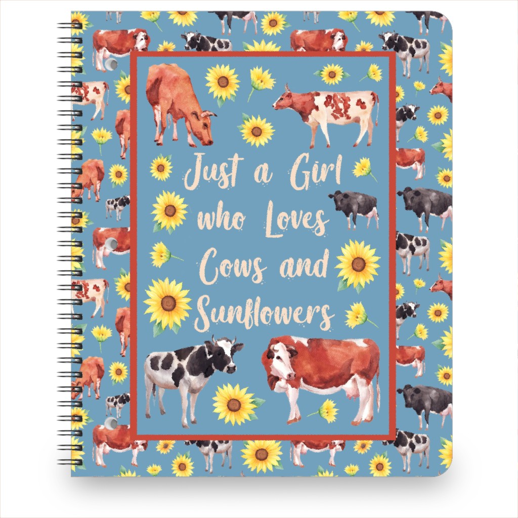 Just a Girl Who Loves Cows & Sunflowers on Blue Notebook, 8.5x11, Multicolor