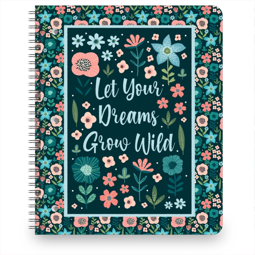 Let Your Dreams Grow Wild - Florals in Coral, Aqua & Turquoise on Navy Notebook, 8.5x11, Blue, True Blue