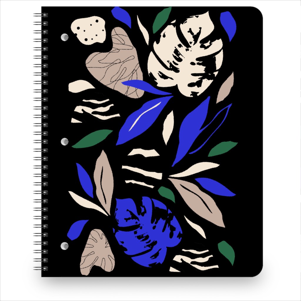 Abstract Leaves - Blue & Tan on Navy Notebook, 8.5x11, Blue