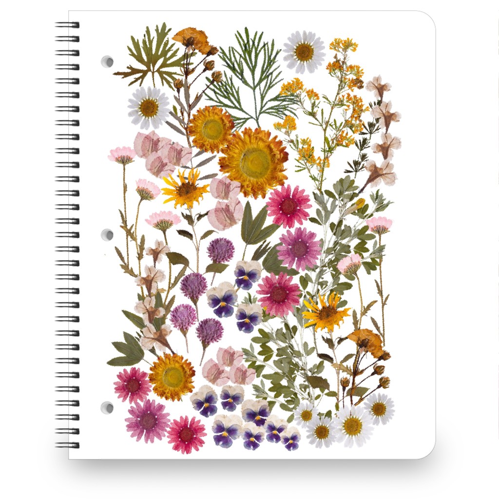 Pressed Flowers on White Notebook, 8.5x11, Multicolor