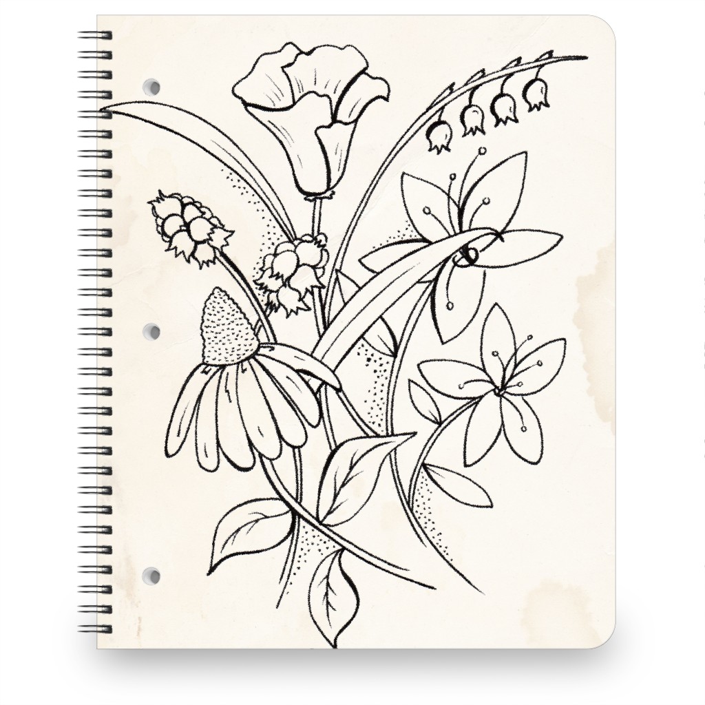 Vintage Wildflower Sketch - Beige and Black Notebook, 8.5x11, Beige