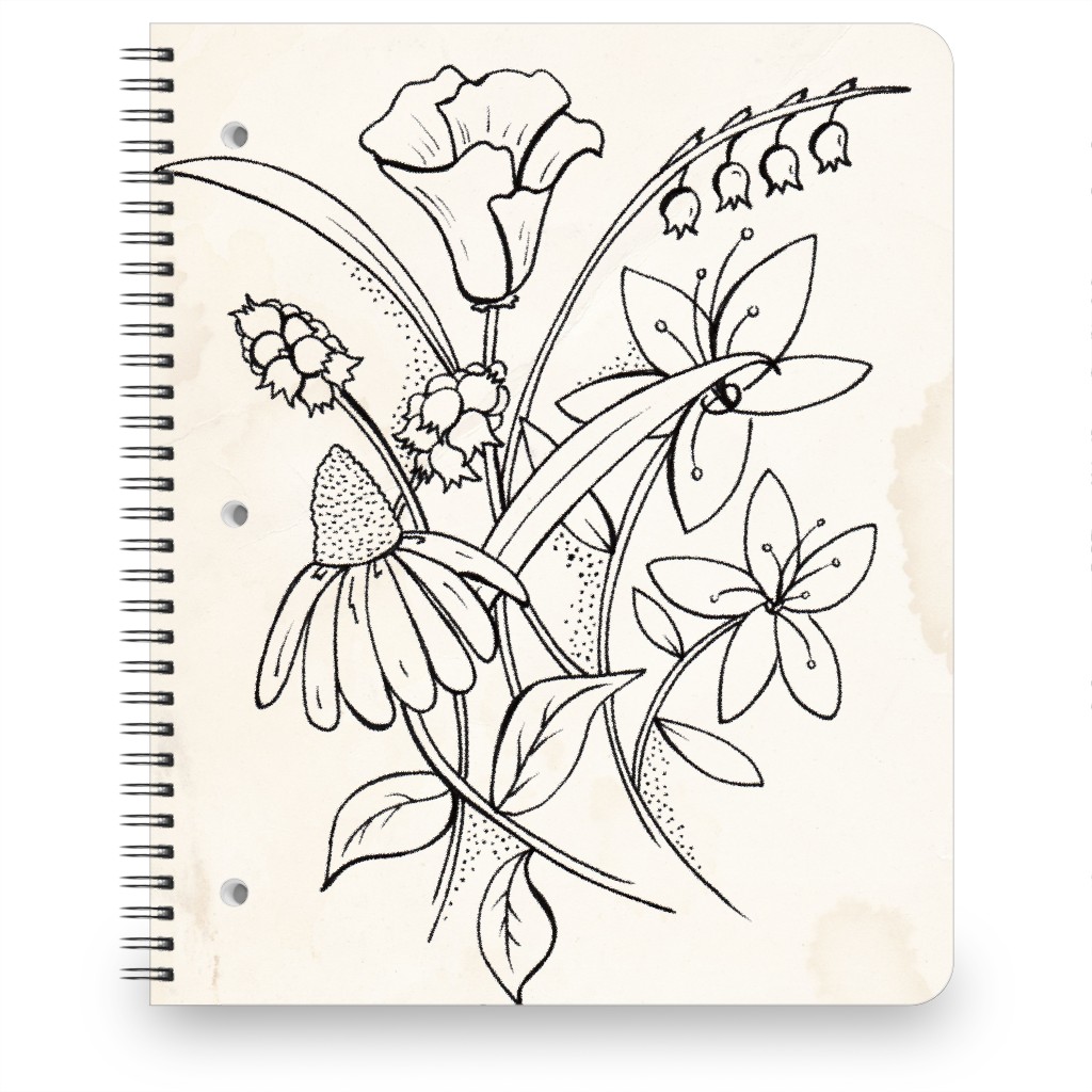 Vintage Wildflower Sketch - Beige and Black Notebook, 8.5x11, Beige, Pearl