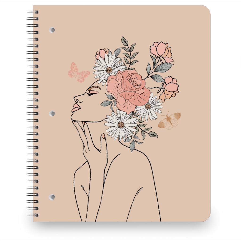 Feminine Line Art Botanical Sketch - Neutral Notebook, 8.5x11, Beige, Pearl