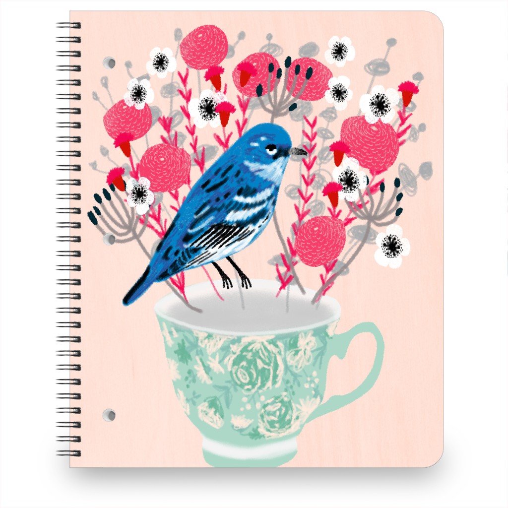 Blue Bird on Teacup Bouquet Notebook, 8.5x11, Multicolor