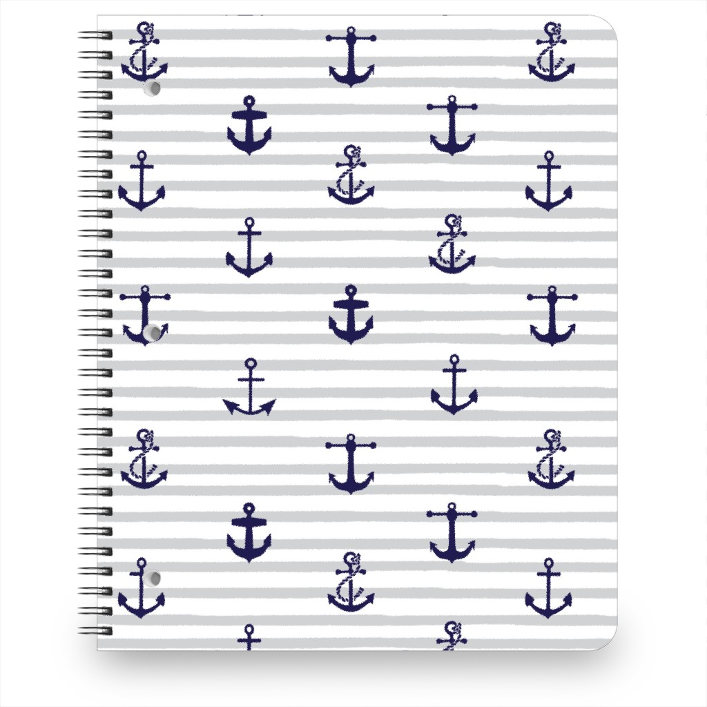 Anchors Away - Black on Gray Stripes Notebook, 8.5x11, Gray, Gray