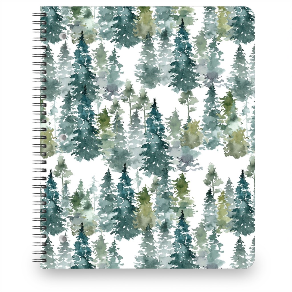 Woodland Trees Watercolor - White Notebook, 8.5x11, Green
