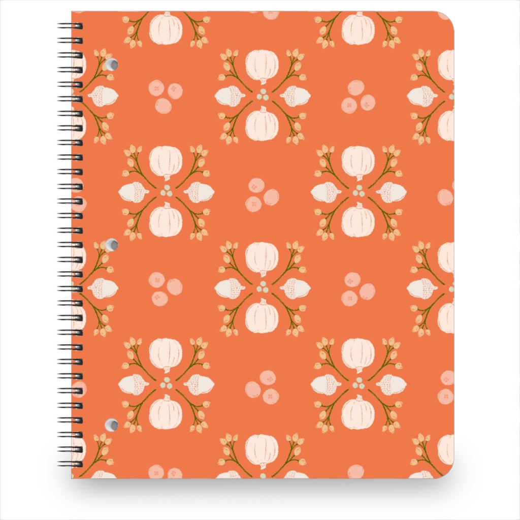Bright Orange Acorn, Cranberry, & Pumpkin Fall Foliage Damask Notebook, 8.5x11, Orange