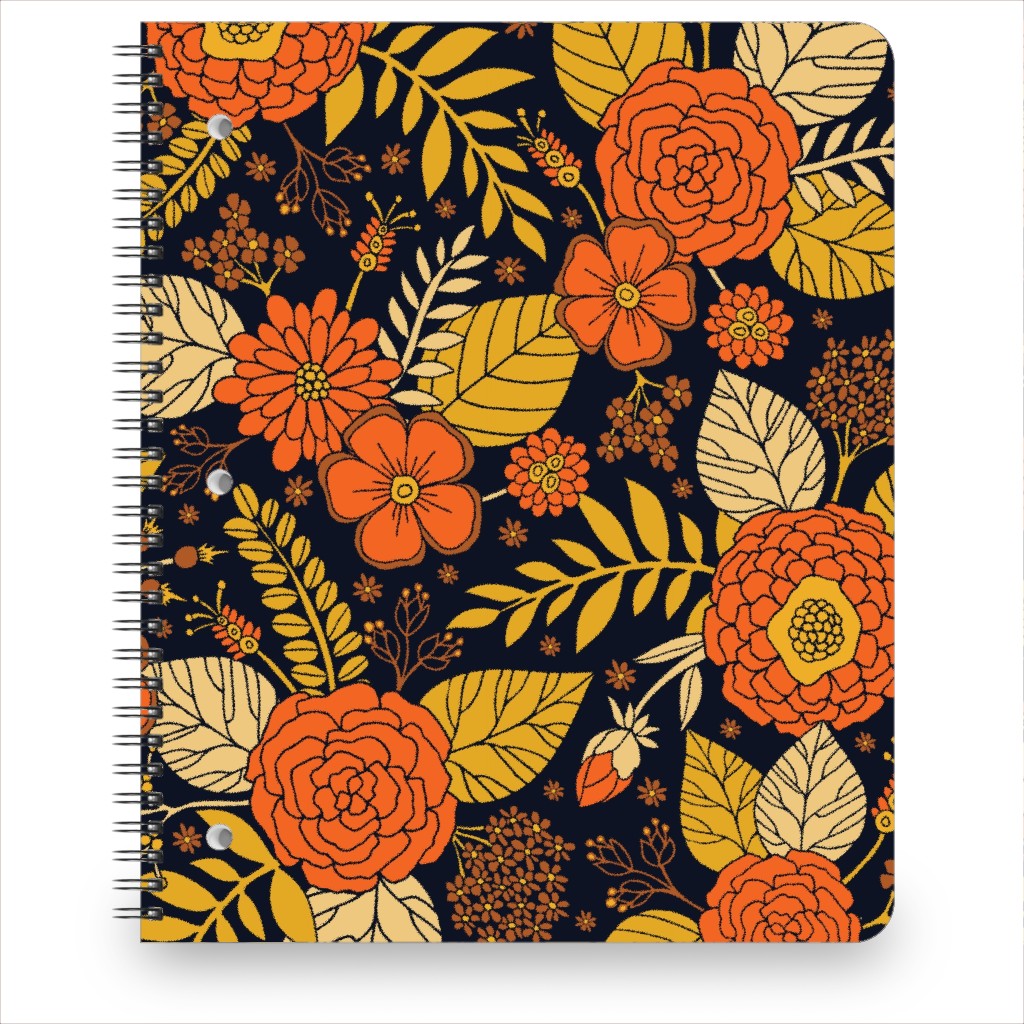 Retro Floral - Orange Brown and Yellow Notebook, 8.5x11, Orange, Orange