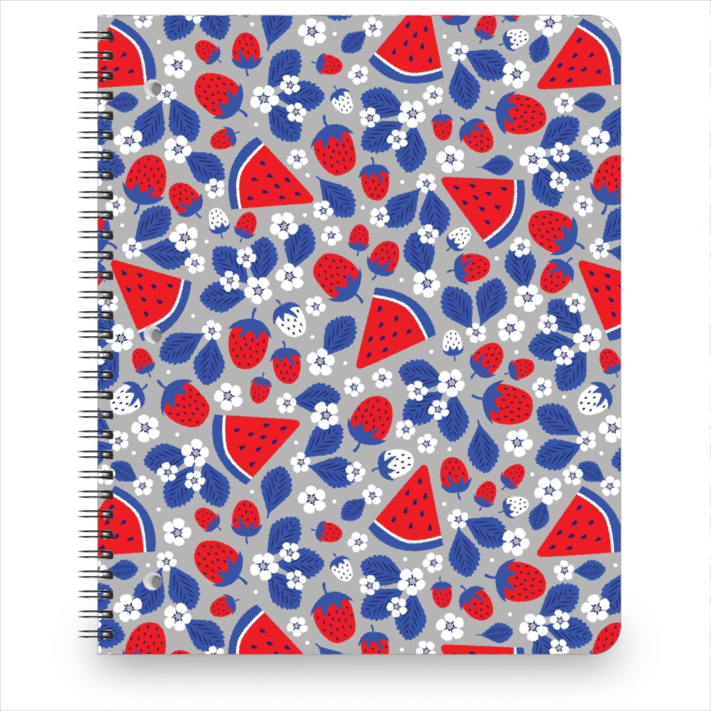 Summer Strawberries and Melons - Red, White and Blue Notebook, 8.5x11, Multicolor