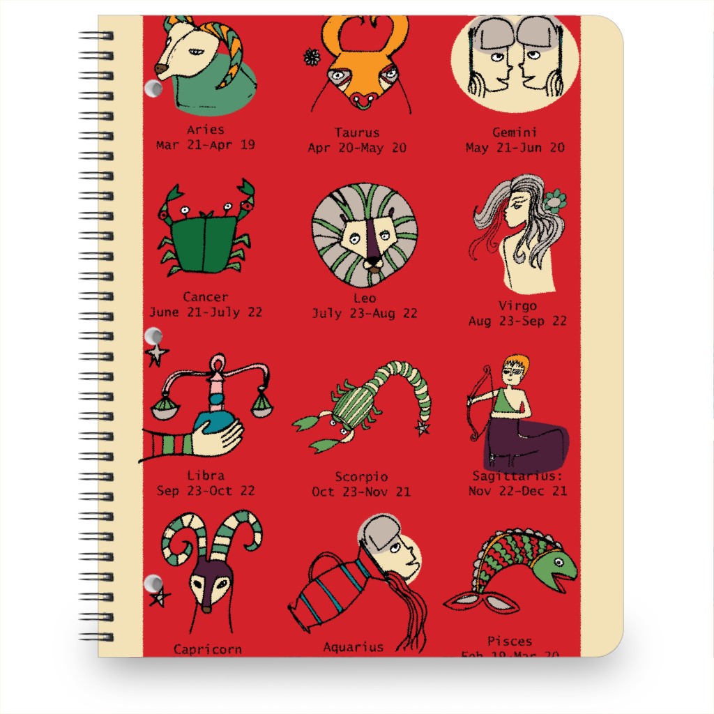 Retro Zodiac Signs Notebook, 8.5x11, Red, Red