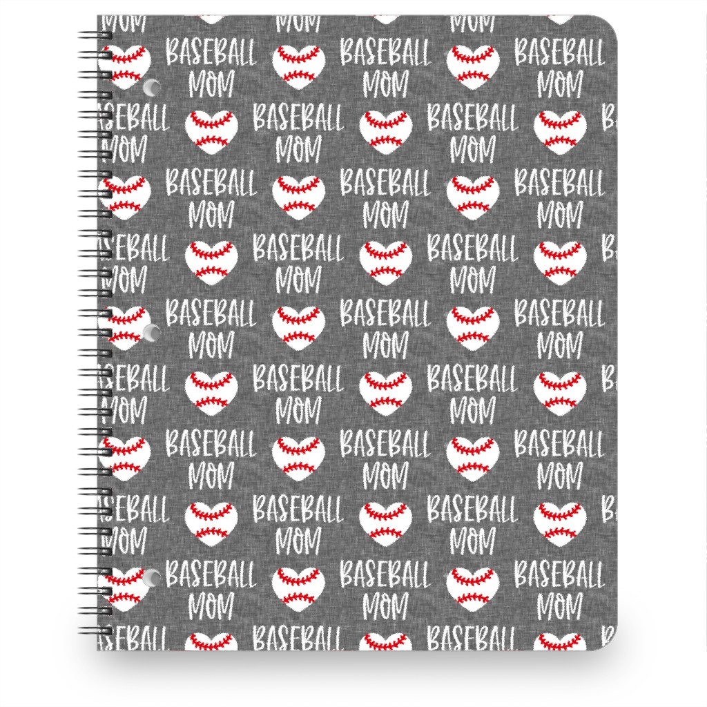 Baseball Mom - Baseball Heart - White on Grey Notebook, 8.5x11, Gray, Gray