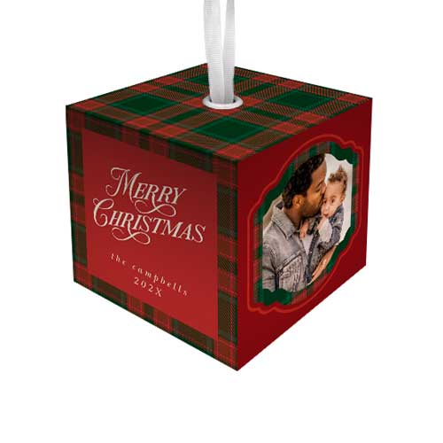 Plaid Christmas Frame Cube Ornament, Red, Cubed