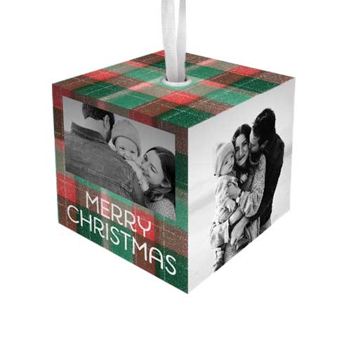 Textured Christmas Plaid Cube Ornament, White, Cubed