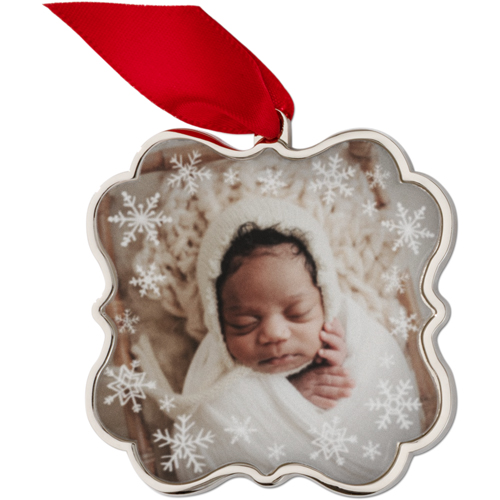 Snowflake Border Keepsake Ornament, Annual, Engraved back, White, Scalloped