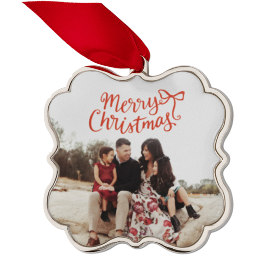 Bow Script Keepsake Ornament, None, None, White, Scalloped, white