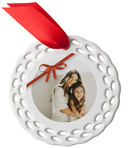 Ribbon Wrapped Ceramic Ornament, White, Circle