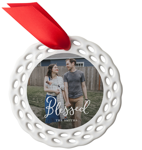 Blessed Script Ceramic Ornament, White, Circle