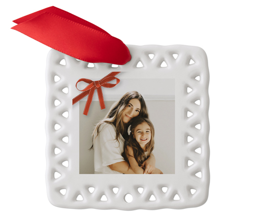 Ribbon Wrapped Ceramic Ornament, White, Square, white