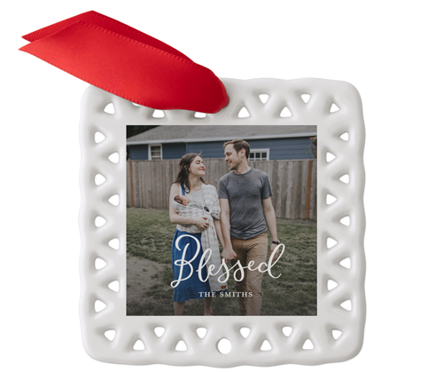 Blessed Script Ceramic Ornament, White, Square
