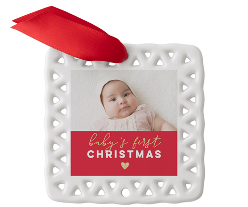 Baby's First Christmas Heart Ceramic Ornament, Red, Square Ornament