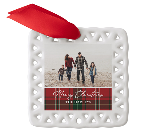 Merry Christmas Plaid Ceramic Ornament, Red, Square Ornament