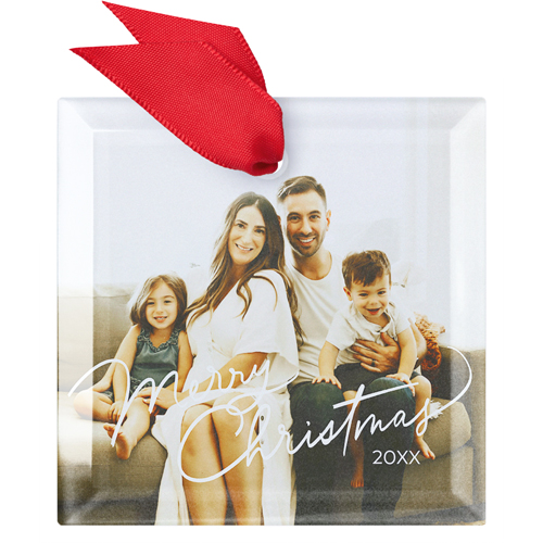 Merry Christmas Script Glass Ornament, White, Square, white