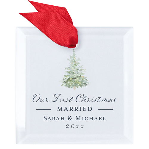 First Married Christmas Glass Ornament, Green, Square