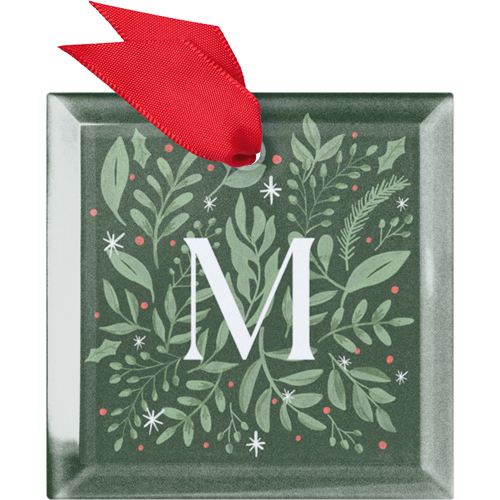 Monogram Botanical Wreath Glass Ornament, Green, Square Ornament